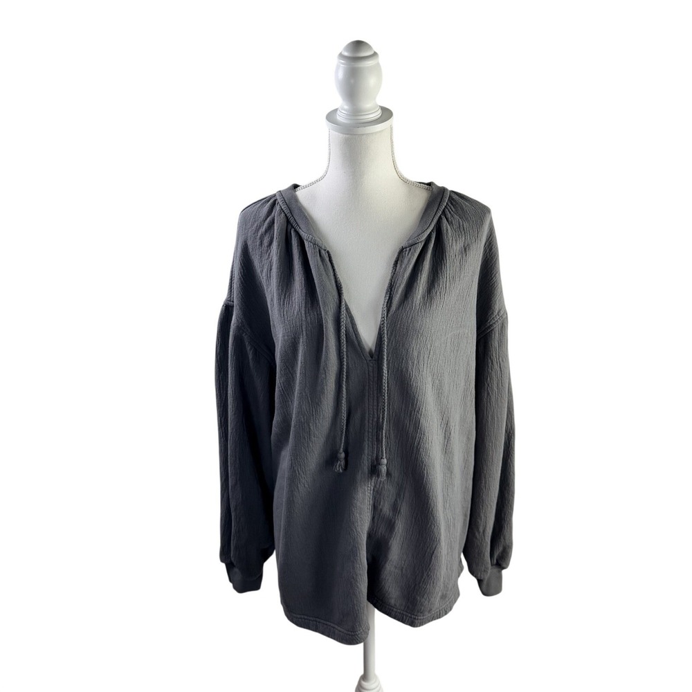 Aerie Cotton Gauze Popover Top Gray Medium Boho